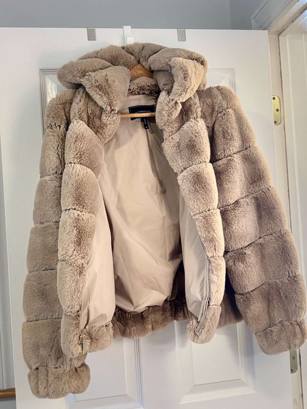 BCBGMaxAzria Plush Hooded Faux-Fur Jacket - Taupe